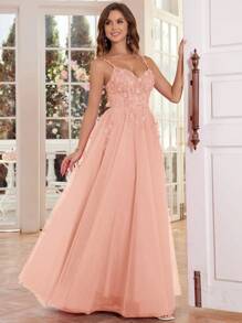 Sparkly Long Ball Gown With 3D Flower Hand Beading Elaborate Lace Prom Dresses Lace Up Back Spaghetti Strap V-Neck Formal Evening Party Gowns For Women Sequin Applique Evening Dresses Floor Length Homecoming Dresses For Teens Elegant Wedding Guest Dress, For Graduation, Dinner - 淺粉色 - 查看 6