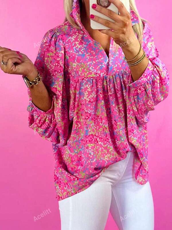 Acelitt Summer Fashion Abstract Print Long Sleeve Loose Polo Collar Pullover Shirt