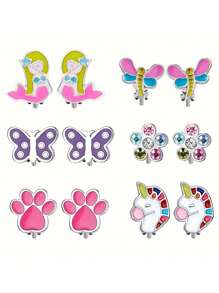 6 paires Boucles d'oreilles à clip sans piercing pour filles avec les oreilles non percées, boucles d'oreilles hypoallergéniques en acier inoxydable cœur coloré, fleur, papillon et arc-en-ciel, ensemble de boucles d'oreilles à pierres CZ