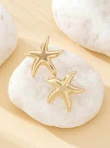 1 Pair Minimalist Metal Smooth Five-Pointed Star & Starfish Stud Earrings For Women, Summer Beach Holiday, Gift For Friend