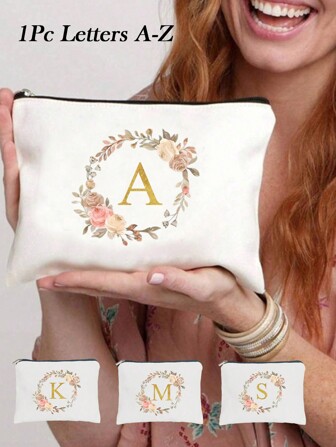 Personalized Flower & Golden Letter Printed Canvas Toiletry Bag - Features Fashionable Style, Zipper Closure, Foldable, Lightweight, Fade-Resistant Design - A Perfect Gift For Bridesmaids, Teachers, And Friends Make Up Bag Holiday Essentials Makeup Bags Makeup Pouch Makeup Organizer Holiday Winter 2024 Make Up Organizer Makeup Storage Back To School Supplies