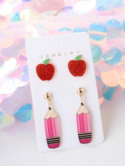 2pcs/Set Back To School & Teacher's Day Acrylic Pencil & Apple Earrings, Cute & Unique Personalized Earring Set