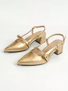 Women's Pointed Toe Block Heel Backless Fashion Sandals Valentines - Gold - View 7