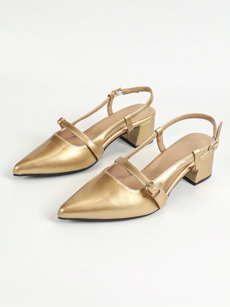 女士尖头粗跟露背时尚凉鞋 - 金色 - 查看 7