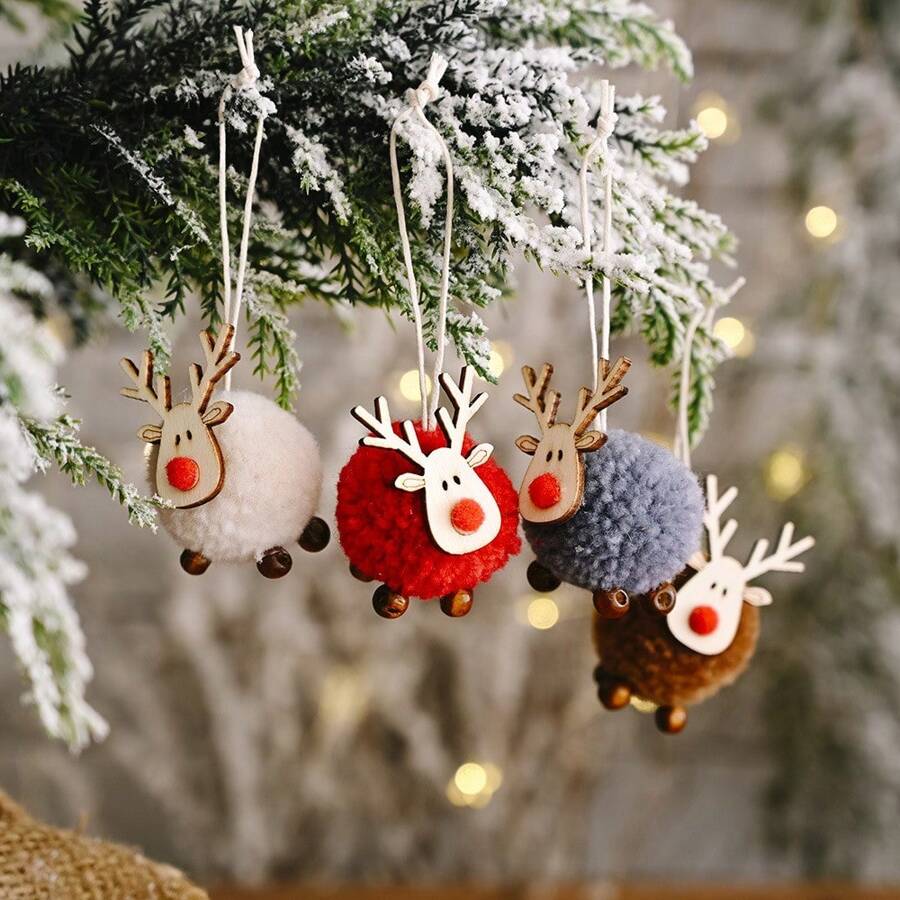 4 chiếc thú nhồi bông tuần lộc bằng nỉ có gạc gỗ, đồ trang trí treo cây thông Noel hình nai sừng tấm cho tiệc Giáng sinh, ngày lễ, mặt dây chuyền hình nai mũm mĩm dễ thương, trang trí năm mới, trang trí nhà cửa, Giáng sinh - Nhiều màu - Xem 1