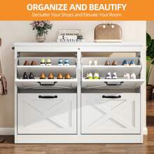 Shoe Cabinet With 4 Flip Drawers Storage Wooden Shoe Storage Cabinet Hidden Shoe Rack Shoe Storage Cabinet Up To 16 Pairs Of Shoes Freestanding For Entryway Hallway Living Room - 白色 - 查看 3