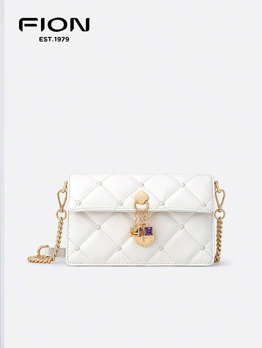 FION Quilted Lattice Shoulder Bag For Women Leather Clutch Purse Flap Crossbody Handbag With Chain Strap,Rhinestone Decor,Chalk - White - View 1