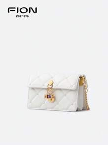FION Quilted Lattice Shoulder Bag For Women Leather Clutch Purse Flap Crossbody Handbag With Chain Strap,Rhinestone Decor,Chalk - White - View 2