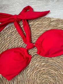 新款春夏优雅性感纯红色挂脖比基尼泳衣，适合海滩度假派对约会 - 紅色 - 查看 4
