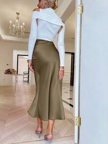 Sollinarry Simple Solid Color Midi Skirt, Casual Streetwear, Summer Elegant - Coffee Brown - View 2