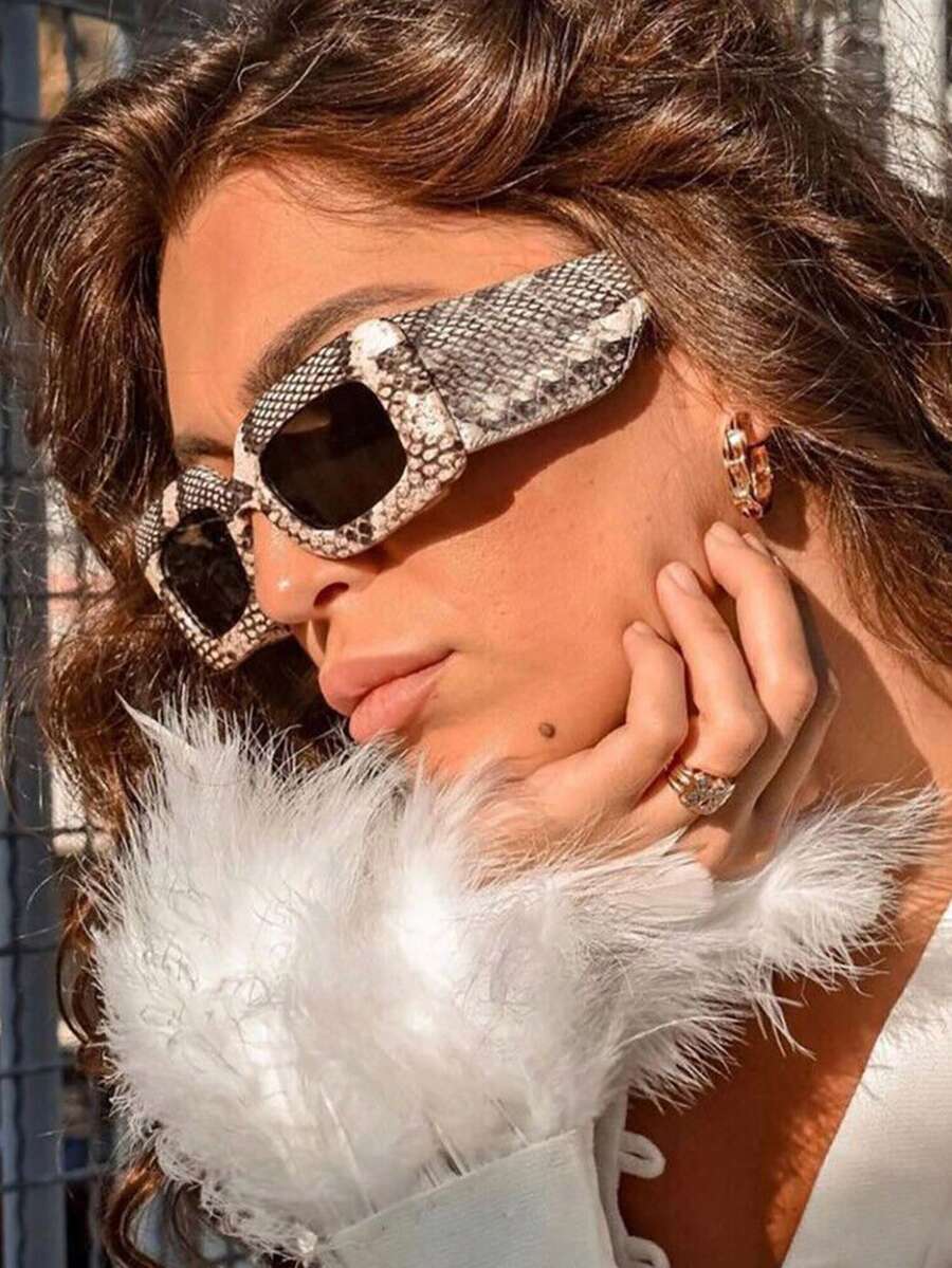 1 件装蛇皮图案时尚眼镜矩形复古宽腿时尚眼镜百搭潮流时尚眼镜度假旅游海滩配饰 - 蛇紋 - 查看 1