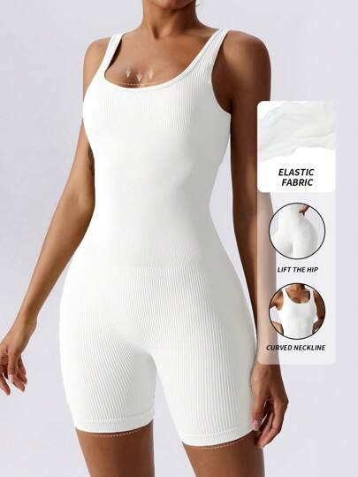 Yefecy Enkel enfärgad ribbad stickad jumpsuit för kvinnor, Ribbad enfärgad modejumpsuit för sport, Hög stretchig yogajumpsuit, Shapewear-jumpsuit för vår/sommar