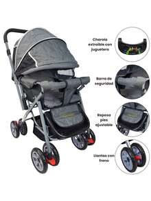 Carriola Reversible con Charola 3 Posiciones de Reclinado Toldo Plegable - Gris - Ver 3