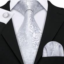 5PC Mens Silk Ties Gold White Black Blue Gray Striped Floral Check Necktie Handkerchief Square Set Business Wedding Party