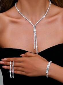 4pcs/Set Bridal Zirconia Jewelry Set - Necklace, Earrings, Bracelet Sparkling & Elegant Tassel Jewelry Set, Suitable For Wedding Party Accessories