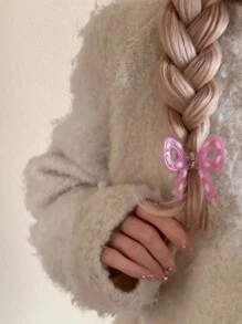 1 件粉色针织蝴蝶结发夹，可爱甜美少女 Y2K 风格俏皮复古美学发饰，小发夹，时尚礼物 - 粉色 - 查看 4