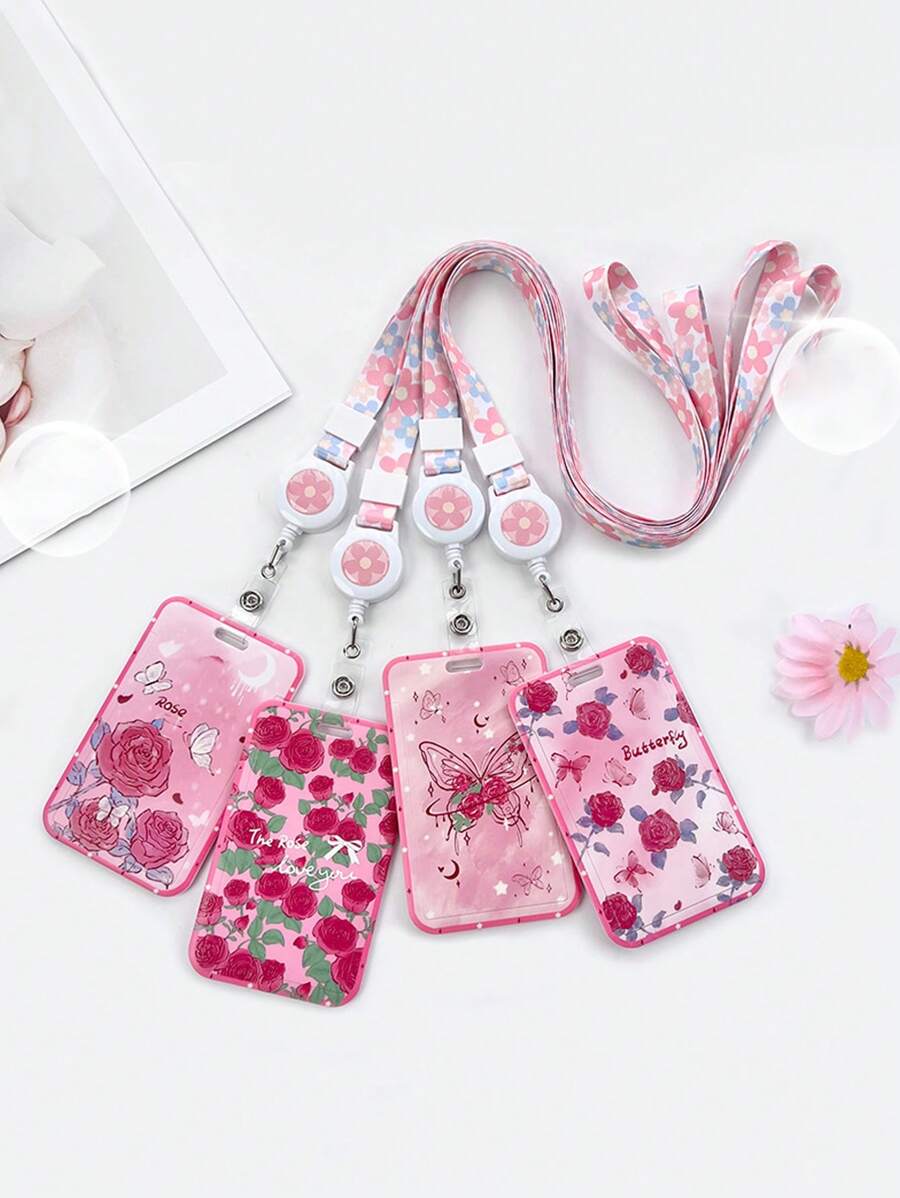 1 pieza Portacarnet de identificación con mariposa en forma de rosa, resistente al agua y antideslizante, con cordón retráctil, útiles escolares, de vuelta a la escuela - Multicolor - Ver 1