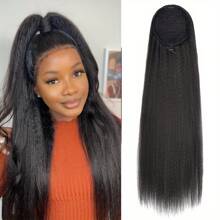 Long Black Yaki Straight Drawstring Ponytail For Women 14/24inch Synthetic Slight Kinky Straight Ponytail Extension Clip In For Daily Party Use - Multicolor - View 13