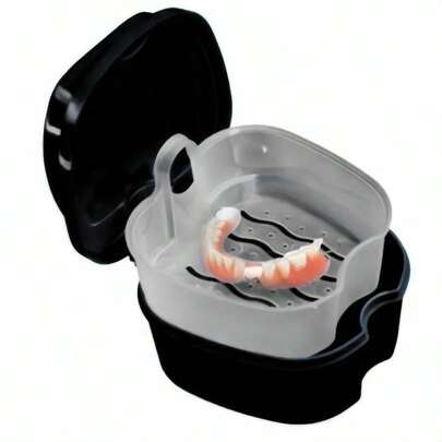 1pc Denture Cleaning Box With Strainer - Travel Dental Appliance Storage & Cleaning Container - For Soaking Cleaning Dentures, Sports Mouthguards, Nightguards, Retainers, Portable Accessory Storage