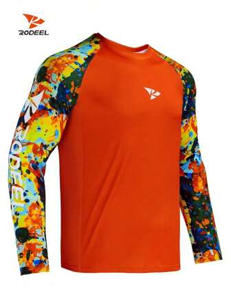 RODEEL Summer Workout Men's Camouflage Print Color Block Raglan Long Sleeve T-Shirt Sun Protection Quick-Drying Sports Top Suitable For Outdoor Running Hiking And Fishing