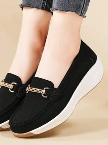 Women's Thick Sole Wedge Loafers, Soft Bottom Handmade Stitching Mother Shoes, Slip-On Solid Color Flats For Spring, Autumn & Winter