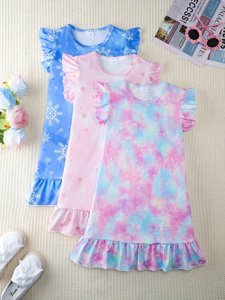 3pcs/Set Young Girl Cartoon Print Nightgown, Comfortable Summer Lightweight Dress Loungewear - Multicolor - View 1