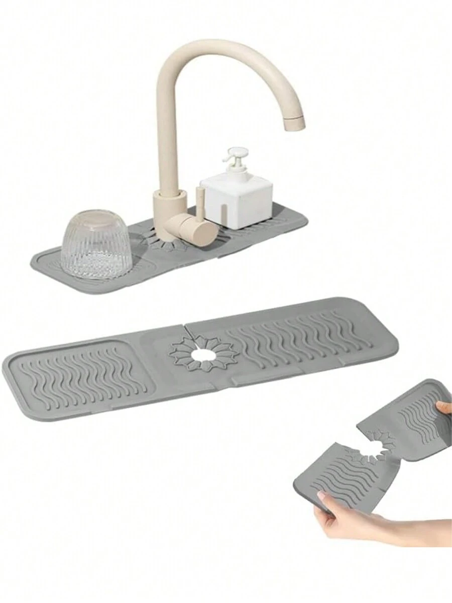 2024 新款厨房水槽水龙头垫，水槽保护器厨房水槽防溅垫硅胶排水垫速干石水槽托盘，水槽水龙头垫防溅垫适用于厨房浴室优质防滑硅胶水龙头防溅垫斜坡设计，易于清洁，可折叠边缘，水流重定向，节省空间，耐用，易于安装，适用于厨房水槽、浴室、房车使用 - 灰色 - 查看 1