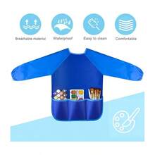 1/2/3/4ps 防水儿童艺术罩衣儿童艺术围裙带 3 个宽敞口袋，绘画用品（不含颜料和画笔） - 彩色 - 查看 3