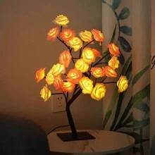 1个LED玫瑰花夜灯，24颗LED灯闪烁串灯，玫瑰树灯装饰台灯，创意女友礼物夜灯，适合女孩、女性、青少年家居装饰，卧室、客厅、派对、婚礼、圣诞节、情人节装饰 - 黑色黑桿 - 查看 17