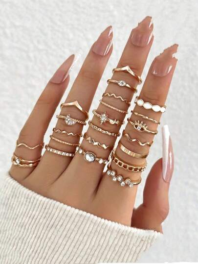 23pcs/Set Rhinestone Decor Star, Moon, Heart, Eye, Leaf Creative Vintage Style Knuckle Rings For Girl
