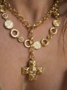 1pc 18K Gold Plated Titanium Steel Cross Water Spin Bead Chain Necklace