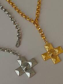 1pc 18K Gold Plated Titanium Steel Cross Water Spin Bead Chain Necklace