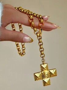 1pc 18K Gold Plated Titanium Steel Cross Water Spin Bead Chain Necklace