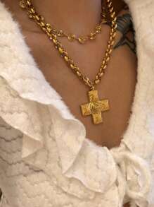 1pc 18K Gold Plated Titanium Steel Cross Water Spin Bead Chain Necklace