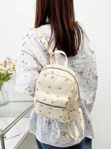 花卉印花迷你背包轻便全印花图案弧形顶部背包书包学院风时尚拉链学生女孩背包，新款返校背包，蝴蝶图案经典背包涤纶拉链前书包，适合女孩、新生、小学生和初中生，非常适合户外、旅行和返校，学校背包 - 米色 - 查看 2