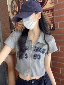 春夏復古風格字母印花短袖立體刺繡開衩套頭上衣 - 灰色 - 查看 6