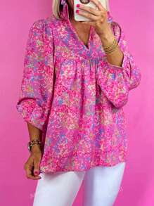 Acelitt Summer Fashion Abstract Print Long Sleeve Loose Polo Collar Pullover Shirt