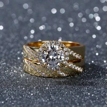 2 件奢华金色合金锆石装饰可叠戴戒指，适合女性日常佩戴和订婚 - 金色 - 查看 8