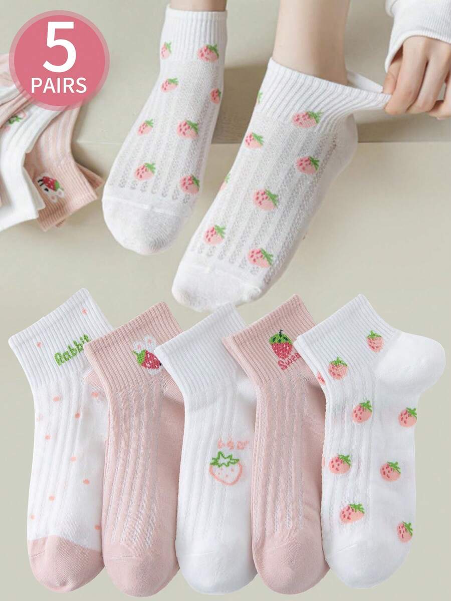 1/5双女士短袜 隐形袜子 卡通印花 白袜子 女士袜子 可爱袜子 女孩袜子 黑色袜子 甜美 螺纹防滑设计 卡通细节 导轨透气孔设计 吸湿排汗 柔软顺滑 适合各种节日、运动、休闲、商务等日常穿着 一年四季均可穿着 - 彩色 - 查看 1