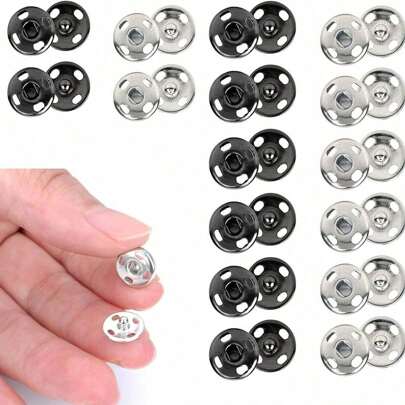 12pcs/24pcs/40pcs/100pcs Sewing Metal Snaps, Silver & Black Color, 8mm/10mm/12mm/14mm/16mm/19mm/25mm Size, Suitable For Suits, Jackets, Jeans, Shirts, DIY Crafts (Random Color)