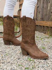 Damen Mode Slip-On Stickerei Keilabsatz einfarbig Lässig Stiefel