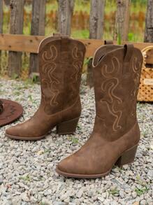 Damen Mode Slip-On Stickerei Keilabsatz einfarbig Lässig Stiefel