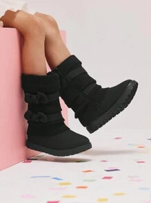Girl's Mid Calf Snow Boots With Bow, Lined Warm & Comfortable Winter Boots - 黑色 - 查看 3