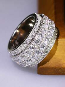 1pc Men's Fashion Wide Band Ring, Luxury High-End Full Zirconia Stone Ring, Unisex Ring Suitable For Daily Wear Jewelry - Silver - View 5