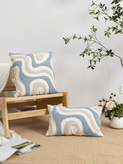 1pc/2pcs Blue & White Geometric Line Flannel Embroidered Pillow Cover, Canvas Fabric, Nordic Style, Living Room, Bedroom, Sofa, Car Waist, Headboard Cushion, Holiday Party Decor, No Pillow Insert, 30*50cm, 45*45cm