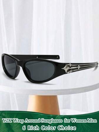 Y2K Wrap Around Fashion Glasses For Men Women Fashion Oval Dark Futuristic Shades Black Sport Shades Star Glsses For Summer Beach Vacation,Outdoor,Travel