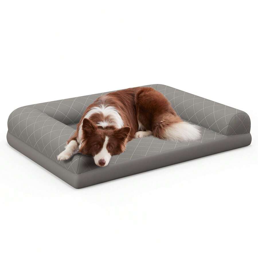 Dog Bed For Medium Small Dogs, Egg-Foam Dog Crate Bed With 3-Side Bolster, Removable Washable Bed Cover, Zippers, Non-Slip Bottom, Pet Sofa Couch Bed For Comfortable Sleep, 90 X 69 X 18 Cm, Grey - Grey - View 1