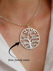 Custom Tree Of Life Name Necklace Pendant 2-9 Names Customized Necklace Personalized Mother Kids Family Member Names Silvery Stainless Steel Pendant Choker Jewelry Birthday Party Family Gifts - Golden Heart - View 1