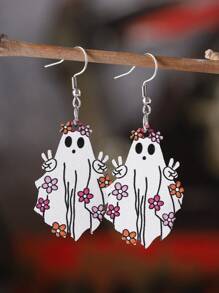 Vintage Western Cowgirl Double-Sided Ghost Pumpkin Floral Halloween Earrings, Wooden Material, Halloween Party Favors For Women