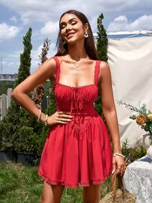 PARTHEA 方領綁帶前綁帶花邊收緊連身裙 - 紅色 - 查看 8